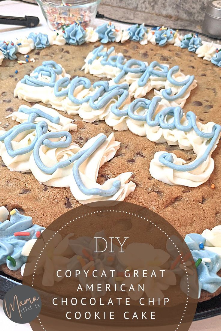 Festive Chocolate Chip Cookie Cake with Frosting Swirls and Sprinkles.