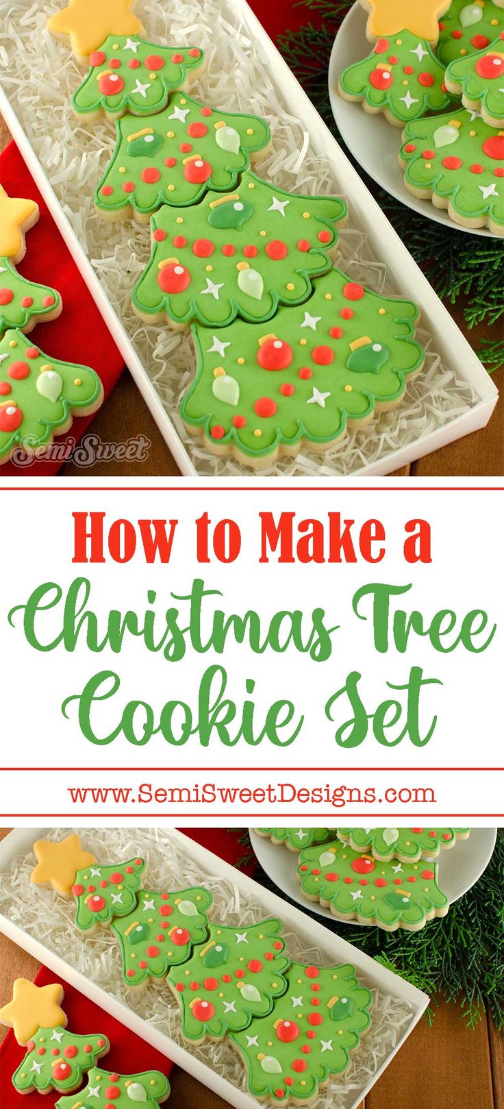 Festive Christmas Tree Cookie Set: Whimsical Design with Colorful Icing and Decorations.