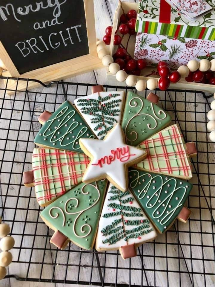 Festive Decorated Cookie Platter with Christmas Tree Shapes and Central Star