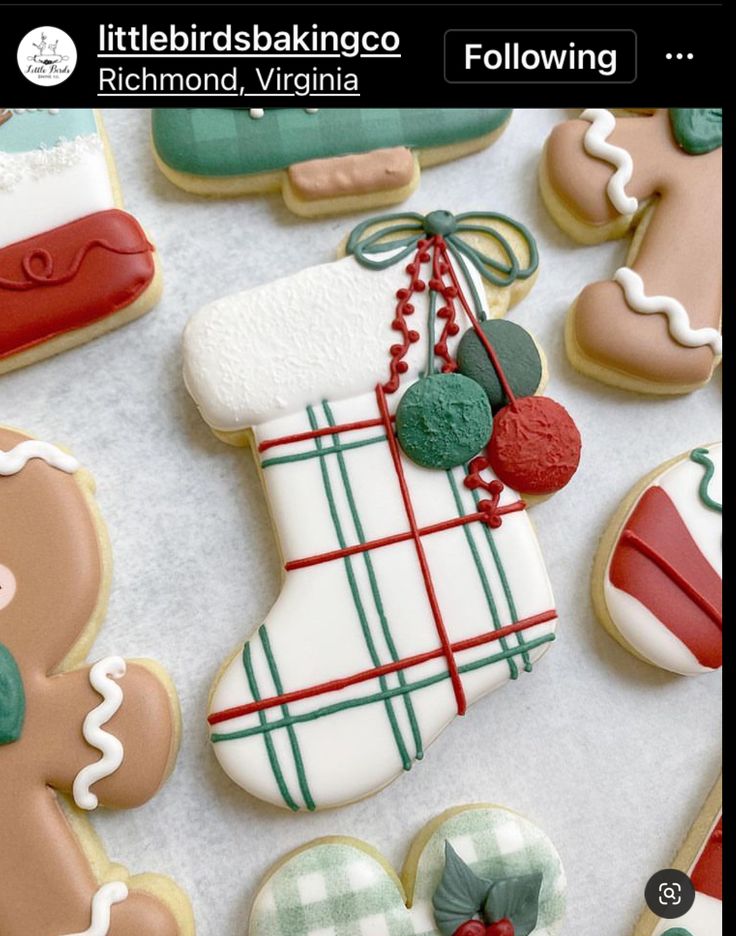 Cheerful Festive Cookies: Stocking Motif with Plaid Design and Holly Berries.