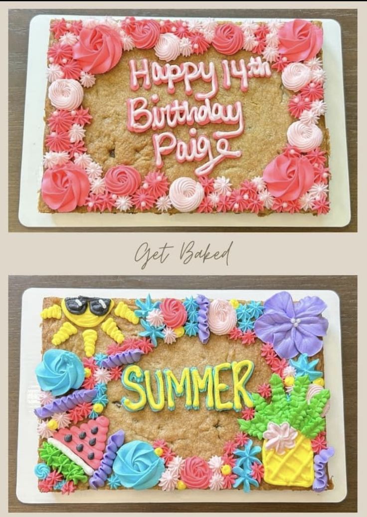 Vibrant Birthday Cake: Cheerful Floral Top and Fun Tropical Bottom.