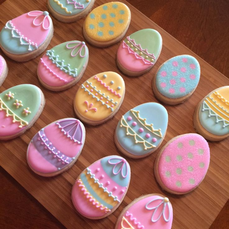 Festive Pastel Easter Egg Cookies with Intricate Icing Designs.