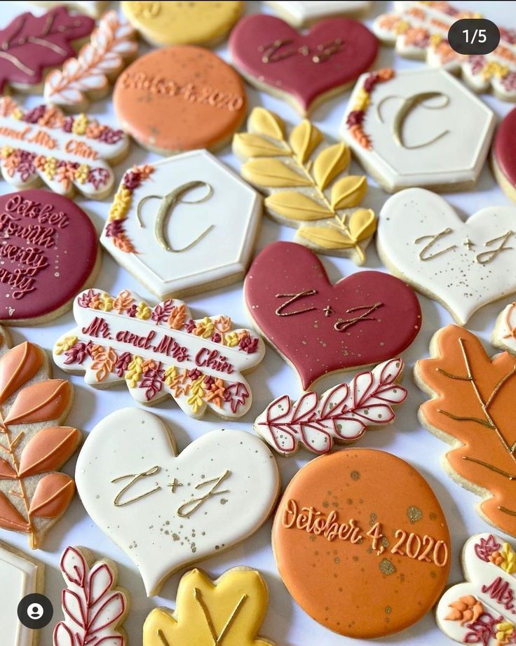 Festive and Romantic Colorful Cookie Designs for Weddings and Seasonal Celebrations.