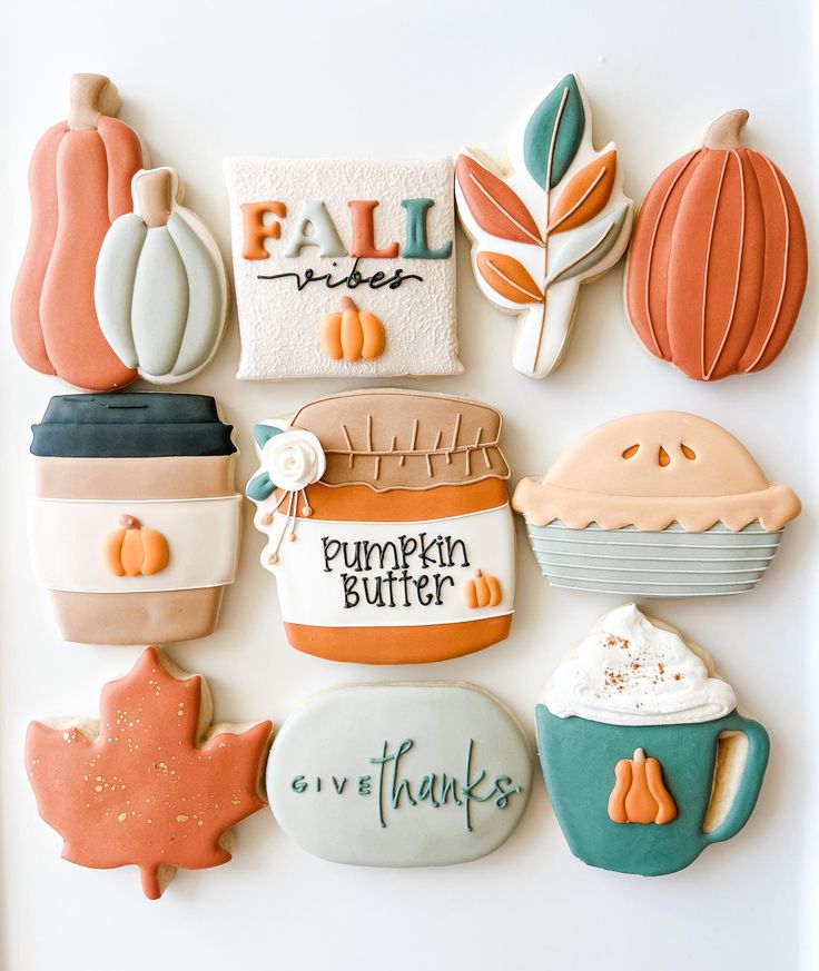 Cozy Autumn-themed Cookies with Seasonal Designs and Warm Colors