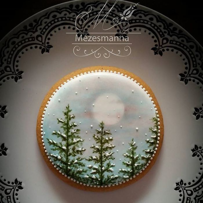 Serene Winter Landscape Cookie Design with Intricate Snowflake Details.