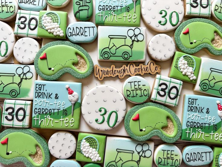 Festive Golf-Themed Cookie Designs with Colorful Patterns and Whimsical Elements.