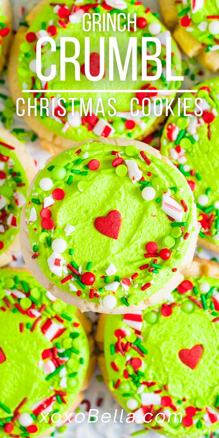 Cheerful Heart-Shaped Christmas Cookies with Vibrant Green Frosting and Colorful Sprinkles