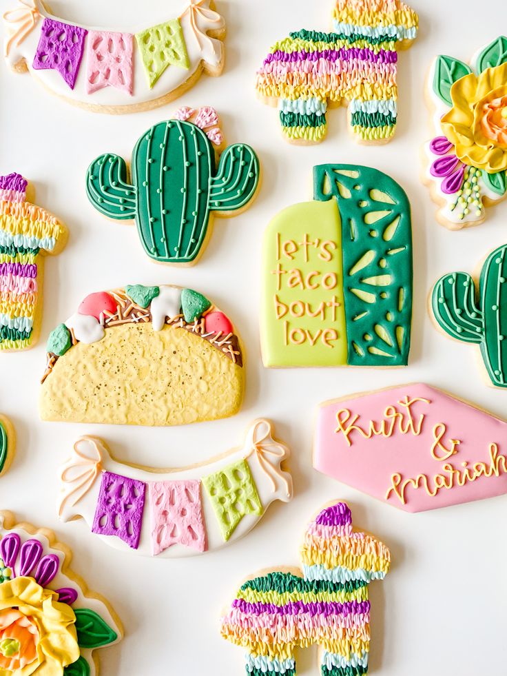 Festive Colorful Cookies Featuring Whimsical Cacti, Tacos, and Elegant Floral Designs.