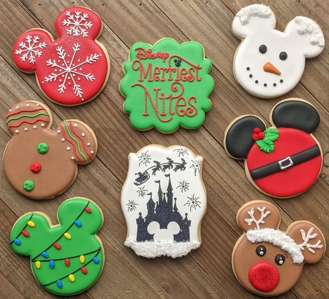 Whimsical Disney-Inspired Holiday Cookies: Vibrantly Decorated with Cheerful Designs and Seasonal Motifs.