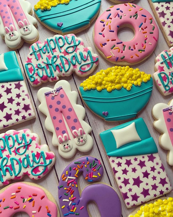 Vibrant Birthday Cookies with Whimsical Designs and Intricate Details.