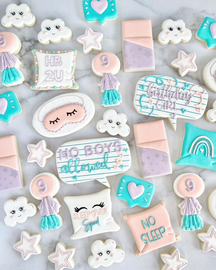 Whimsical Sleepover-Themed Colorful Cookies with Pastel Designs for Birthdays