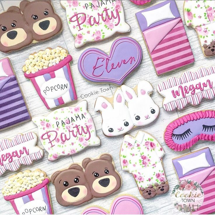 Whimsical Pajama Party Cookie Designs with Adorable Bear Faces and Pastel Colors