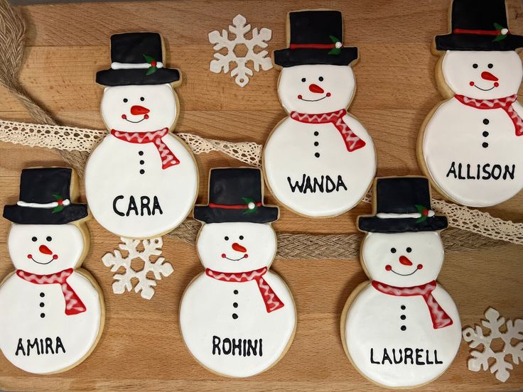 Cheerful Festive Snowman Cookies with Whimsical Designs and Classic Accessories.