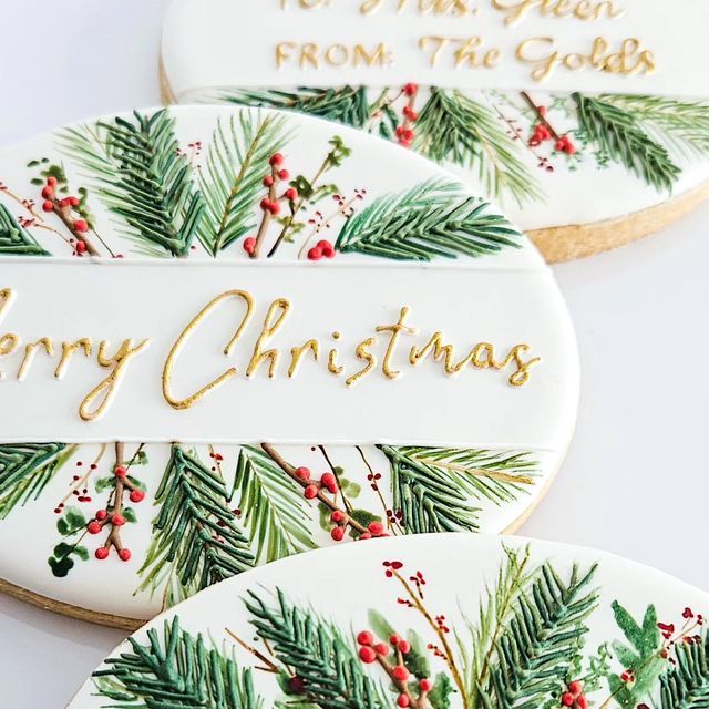 Sophisticated Christmas Cookies with Intricate Botanical Designs and Festive Accents.