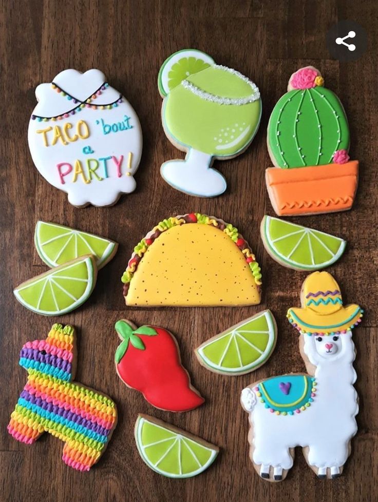 Festive Mexican-Inspired Colorful Cookie Designs: Tacos, Pinatas, and Cacti with Vibrant Icing.