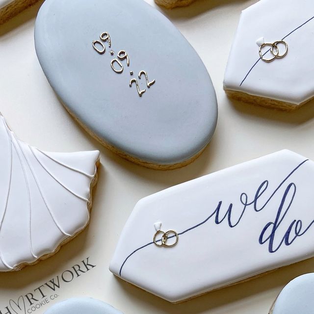 Sophisticated Cookie Designs with Soft Gray and White for Elegant Weddings