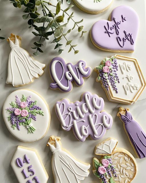 Bridal-Themed Elegant Cookie Designs: Intricate Icing and Charming Shapes for Weddings.