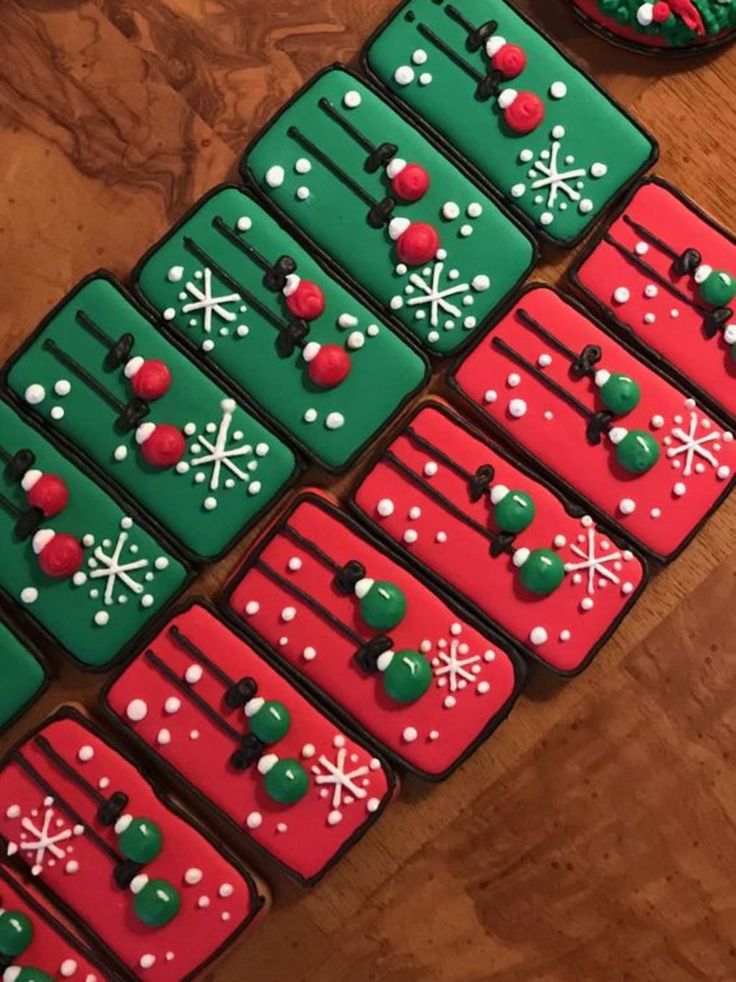 Cheerful Holiday Cookie Designs in Vibrant Red and Green with Playful Decorations.