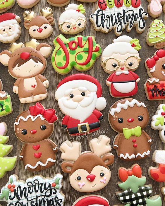 Whimsical Holiday Cookie Assortment: Cheerful Characters and Vivid Designs for Festive Celebrations.