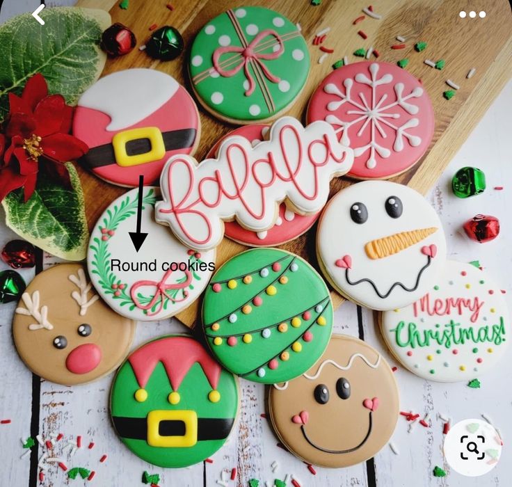 Festive Assortment of Colorful Holiday Cookies with Cheerful Designs.