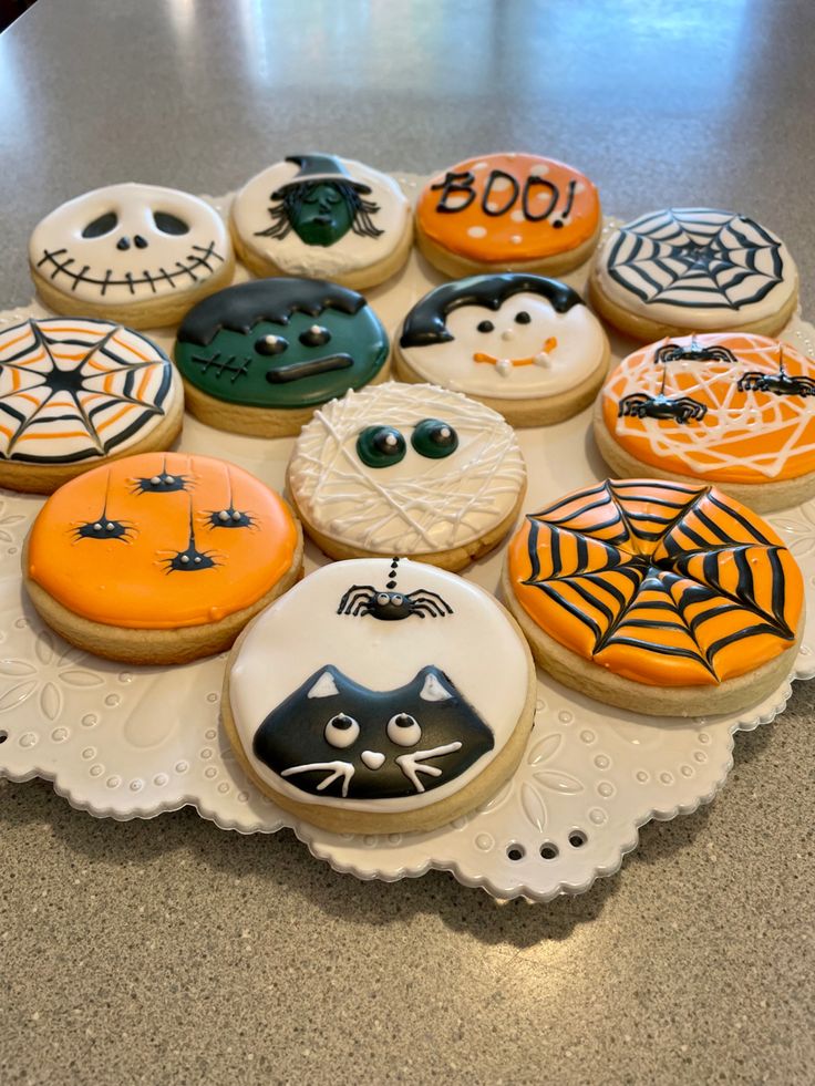 Festively Decorated Halloween Cookies on Decorative Platter