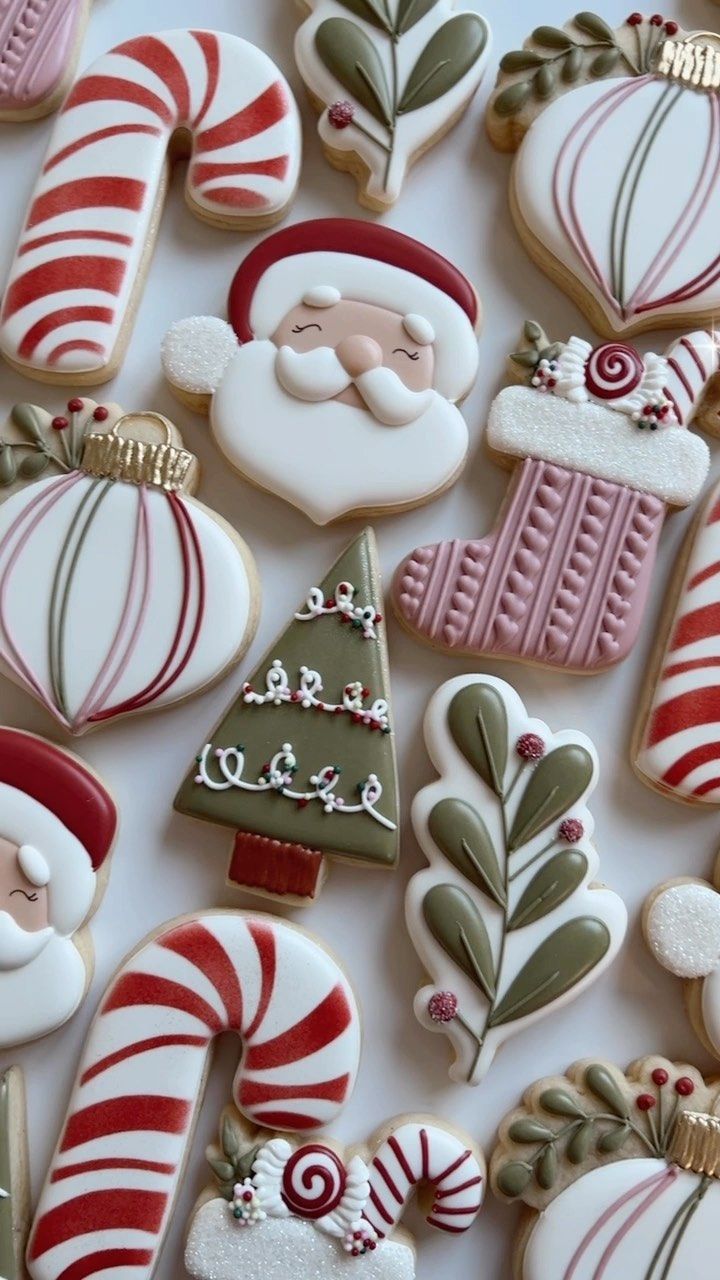 Whimsical Holiday Cookie Designs: Santa, Christmas Trees, and Candy Canes in Festive Colors.