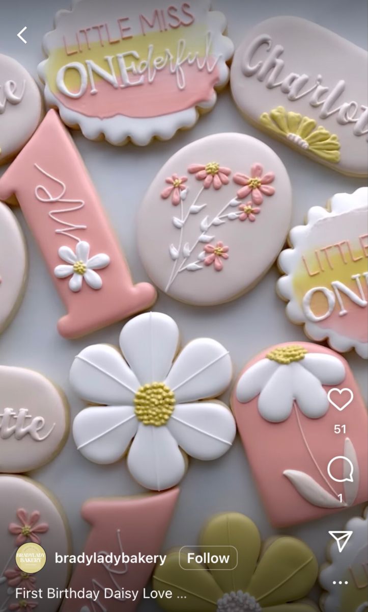 Festive First Birthday Cookies: Whimsical, Pastel Designs with Floral Motifs.