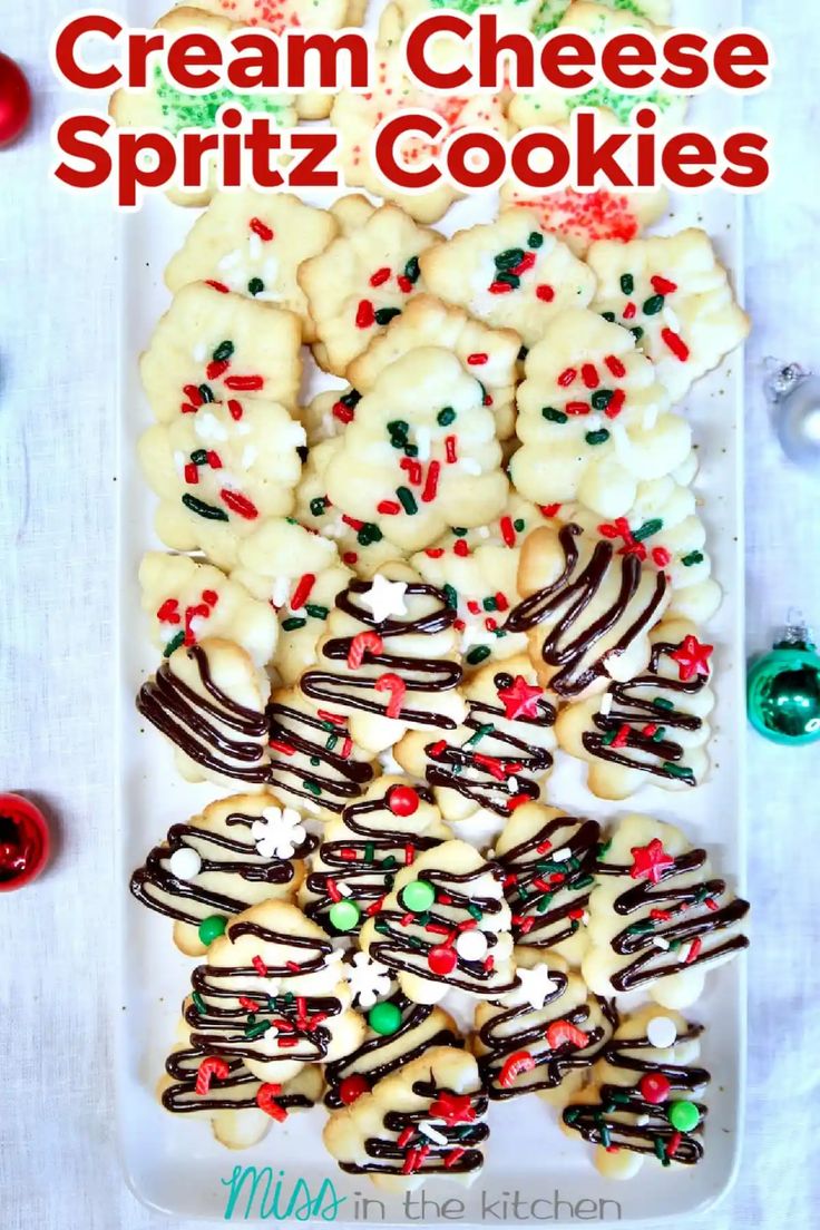 Festively Decorated Cream Cheese Spritz Cookies: A Cheerful Holiday Treat Display.