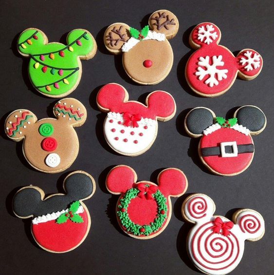 Festive Cookies: Charming Mouse Ear Designs in Vibrant Holiday Colors.