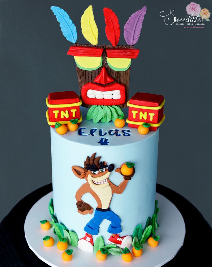 Vibrant and Playful Themed Cake with Totem Figure and Cheerful Character