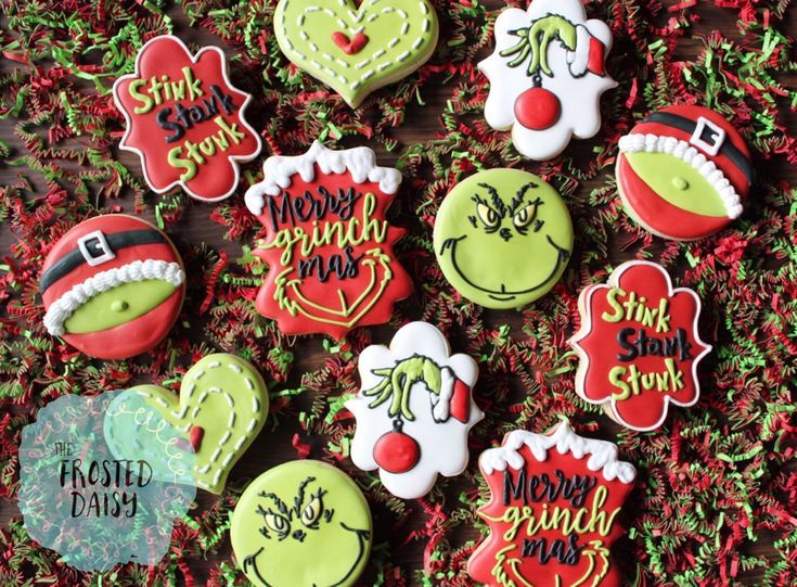 Whimsical Grinch-Themed Festive Cookies: Vibrant Holiday Treats in Red, Green, and White.