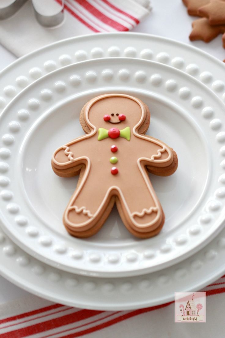 Festive Gingerbread Cookie with Cheerful Character and Colorful Icing Displayed on Classic White Plate.