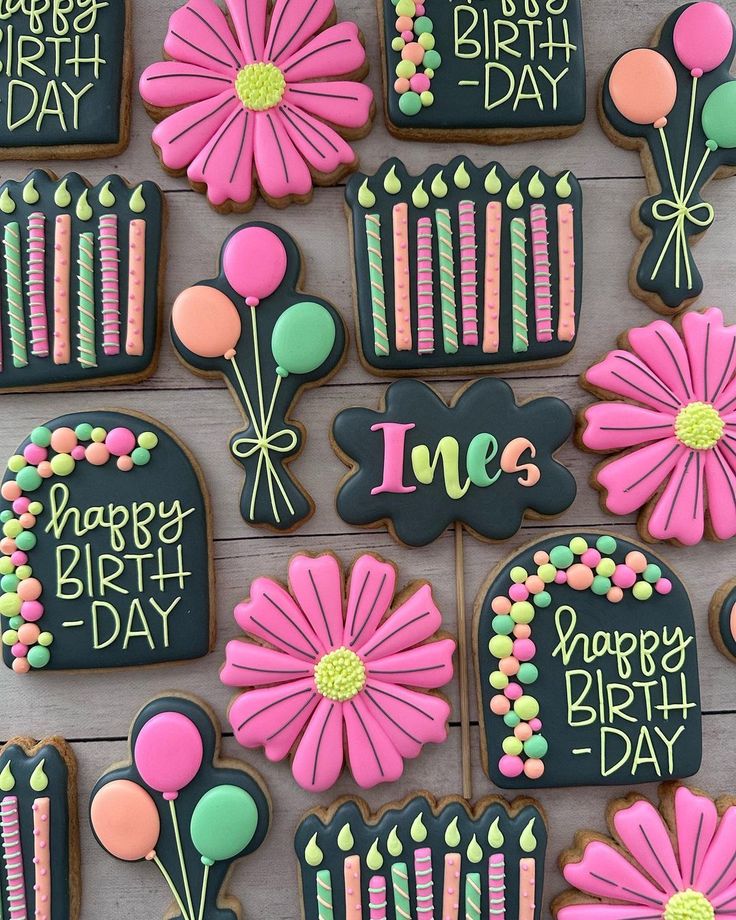 Vibrant Birthday Cookie Designs with Bold Colors and Festive Motifs.