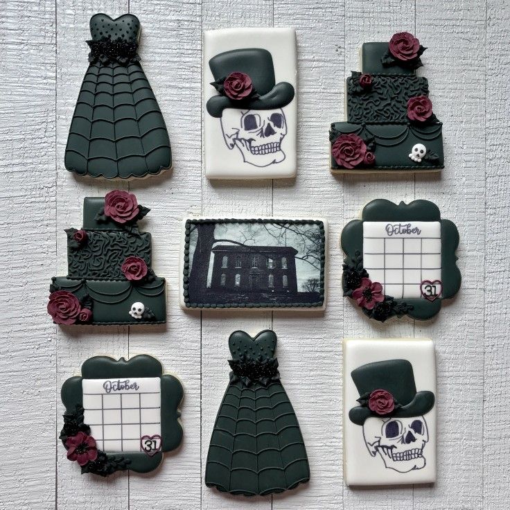 Elegant Black Dress and Spooky Skull Cookie Designs for Enchanting Halloween Celebrations.