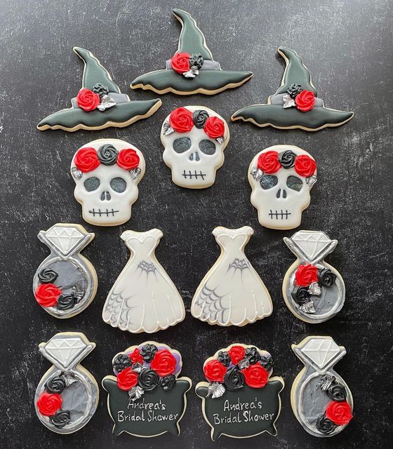 Whimsical Bridal Shower Cookies Blend Romance and Spookiness with Unique Designs.