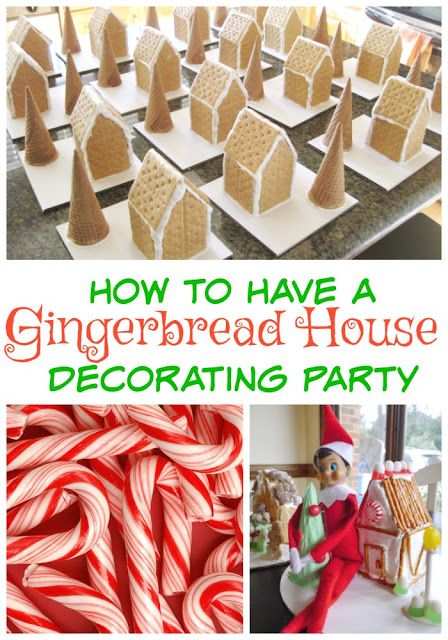 Whimsical Gingerbread House Decorating Party Setup with Festive Candy Canes and Playful Elf Figurine.