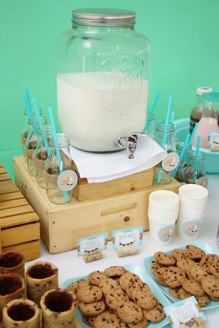 Charming Nostalgic Dessert Table with Milk, Cookies, and Playful Turquoise Decor