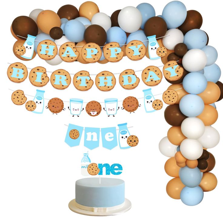 Cheerful Cookie-Themed Birthday Decor with Balloon Arrangement and Elegant Cake.