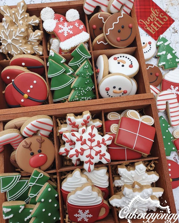 Festive Holiday Cookies in a Decorative Wooden Box: A Joyful Treat for Sharing or Gifting.