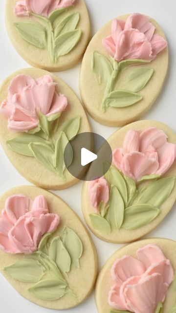 Intricate Floral Cookies: Delicate Pink Tulips and Green Leaves on a Beige Canvas for Celebrations