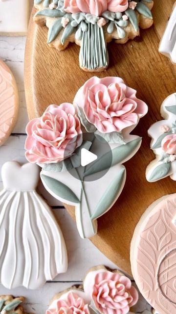 Floral-Inspired Cookies: Elegantly Decorated with Pink Roses and Green Leaves for Charming Occasions and Nail Art Inspiration.