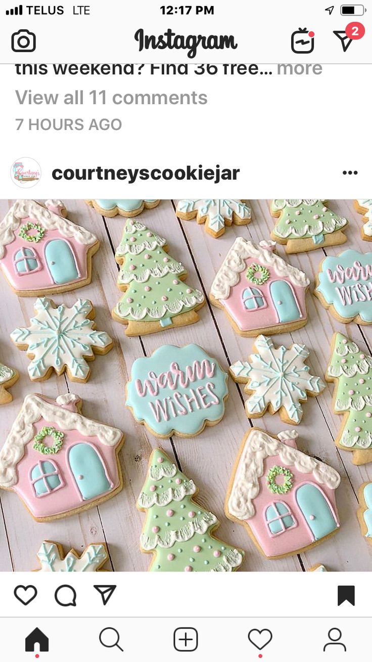 Whimsical Holiday Cookies: Charming Houses and Festive Trees in Pastel Colors.