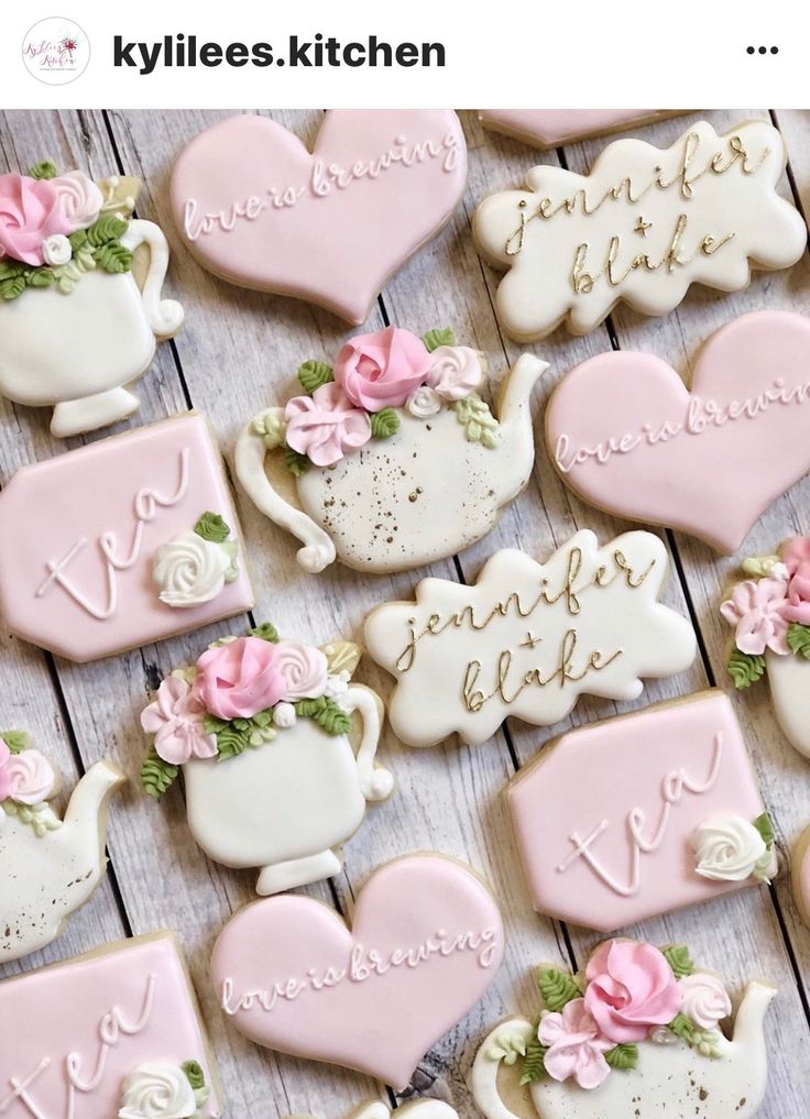 Charming Pastel Cookie Designs with Whimsical Teapots and Heart Shapes for Special Occasions.