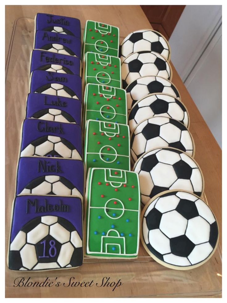 Personalized Soccer-Themed Colorful Cookies with Green Fields and Soccer Ball Designs.