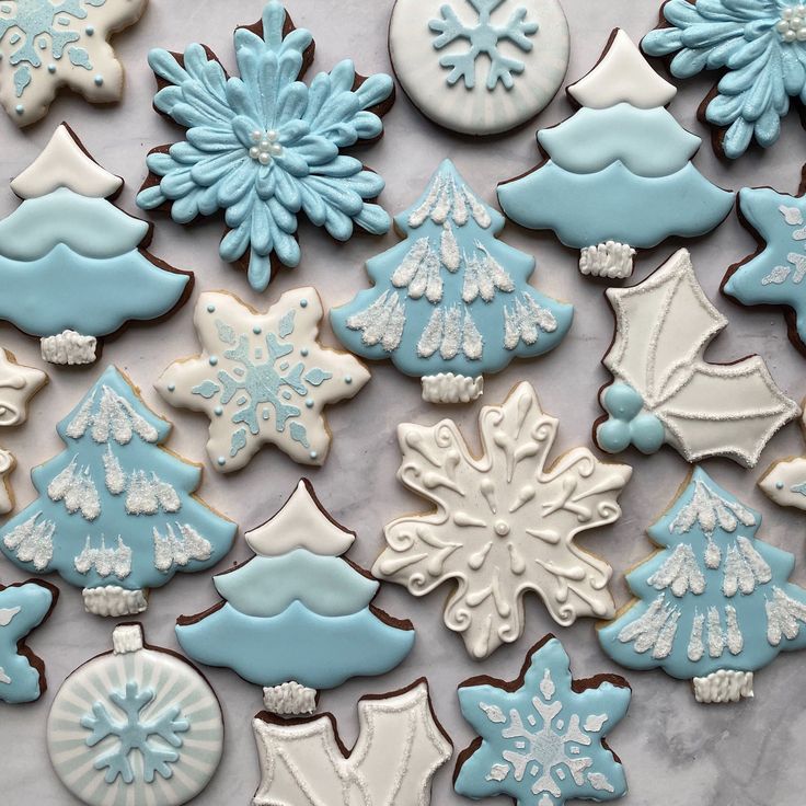 Whimsical Winter Cookie Designs: Snowflakes, Trees, and Ornaments in Blue and White Icing.