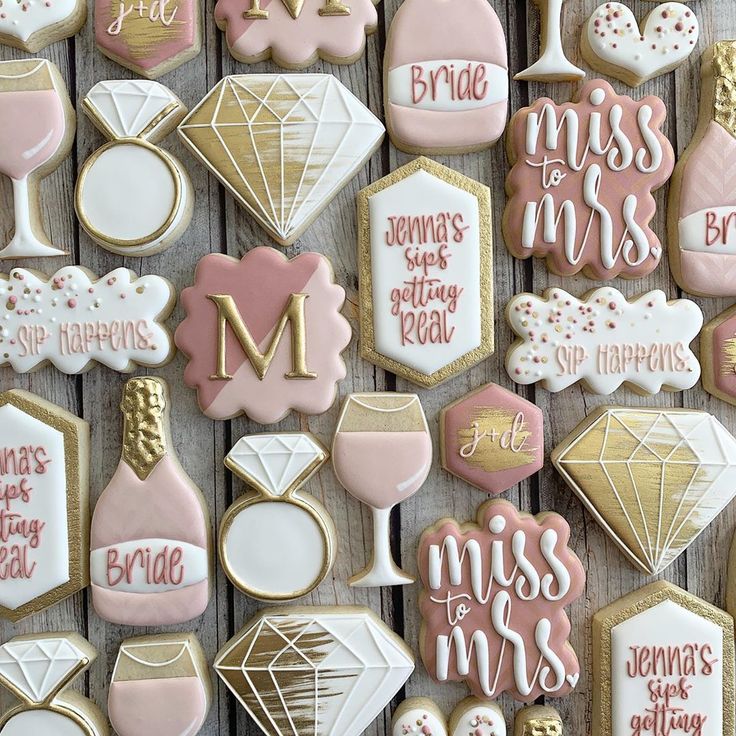 Elegant Bridal-Themed Cookies with Whimsical Designs and Gold Accents.