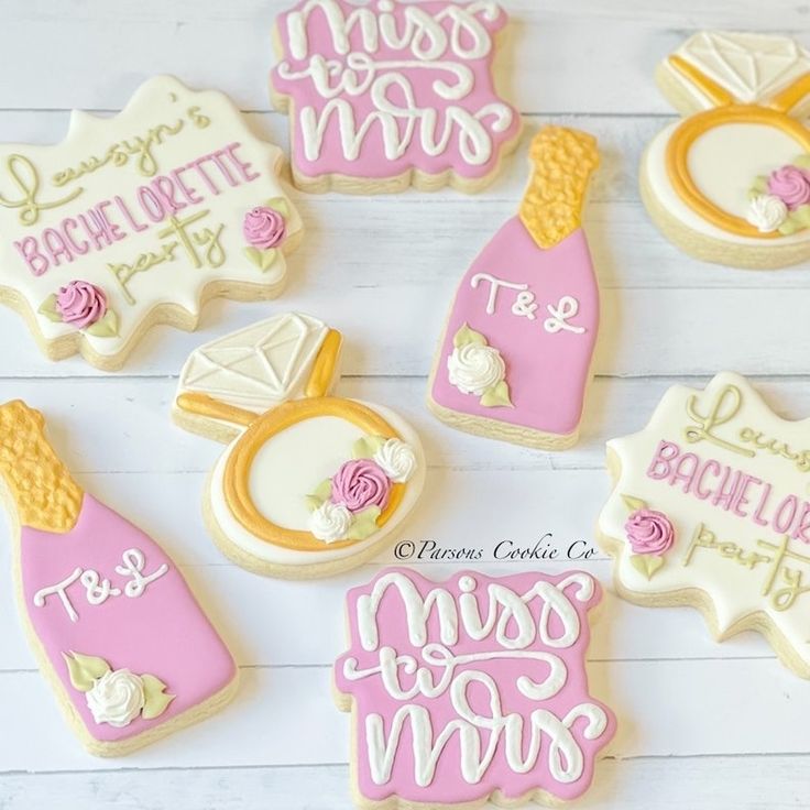 Elegant Pink and Gold Decorative Cookies for a Bachelorette Party Celebration.