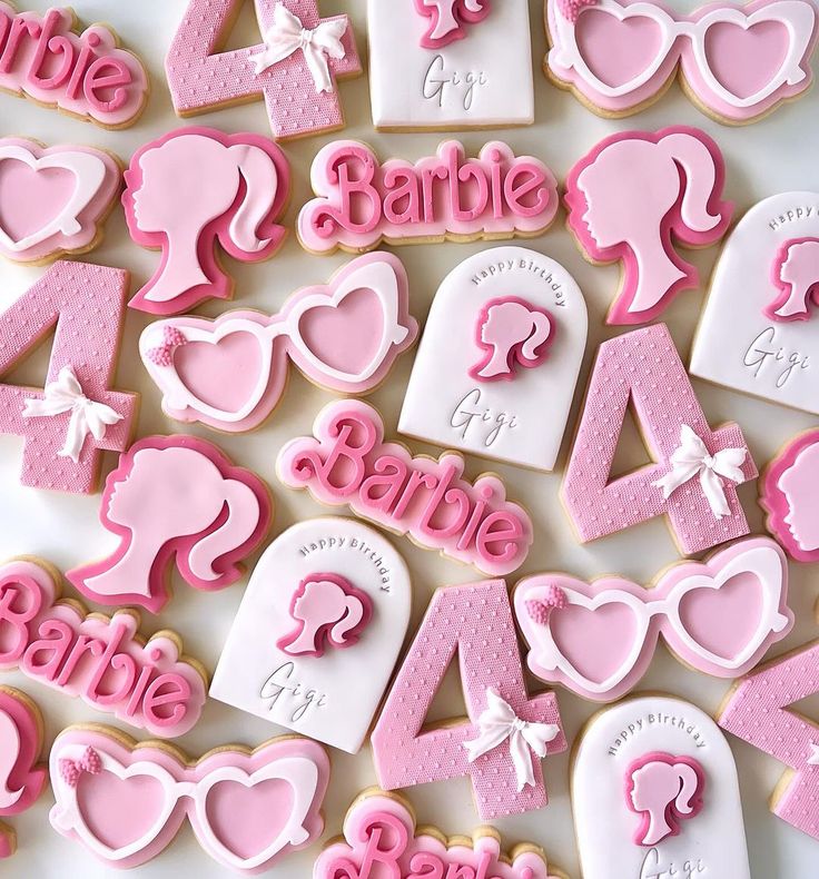 Playful Vibrant Cookie Designs: Barbie-Inspired with Iconic Shapes and Whimsical Details.