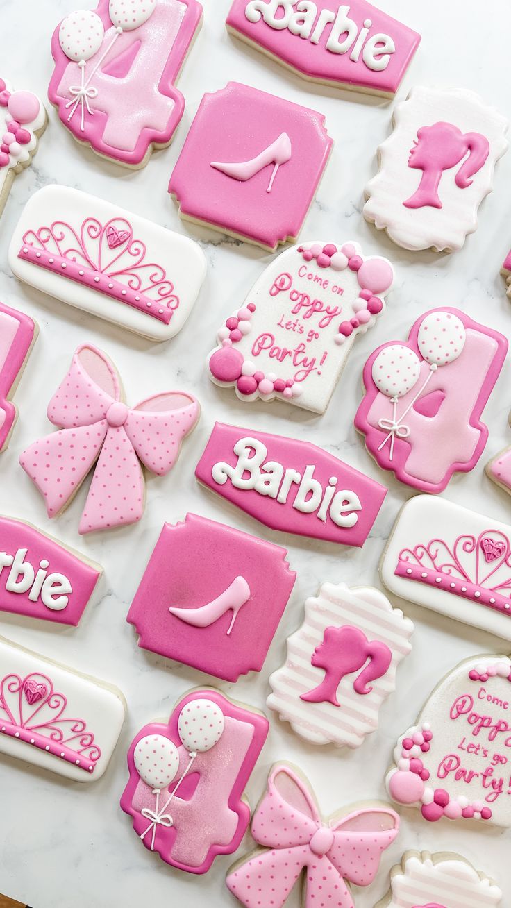 Vibrant Pink-Themed Festive Cookies with Playful Designs and Intricate Decorations.