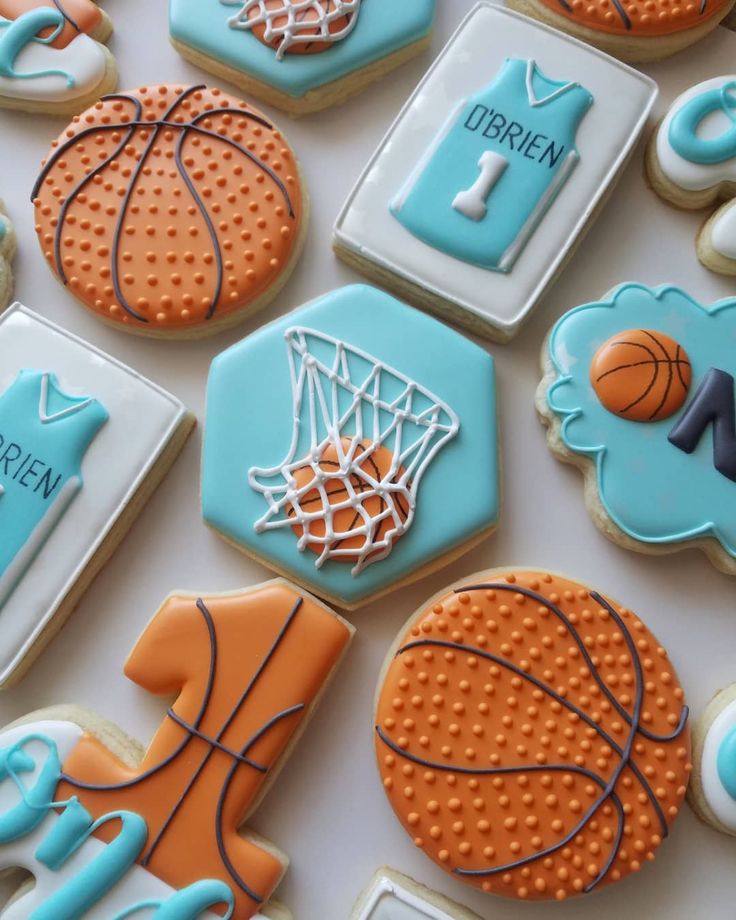 Vibrant Basketball-Themed Cookies: Circular and Hexagonal Designs for Sports Celebrations.